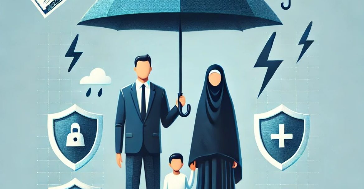 DALL·E 2025-02-27 18.50.25 - A conceptual image representing insurance. The image features a family (father, mother wearing a full-length black chador, and child) standing under a